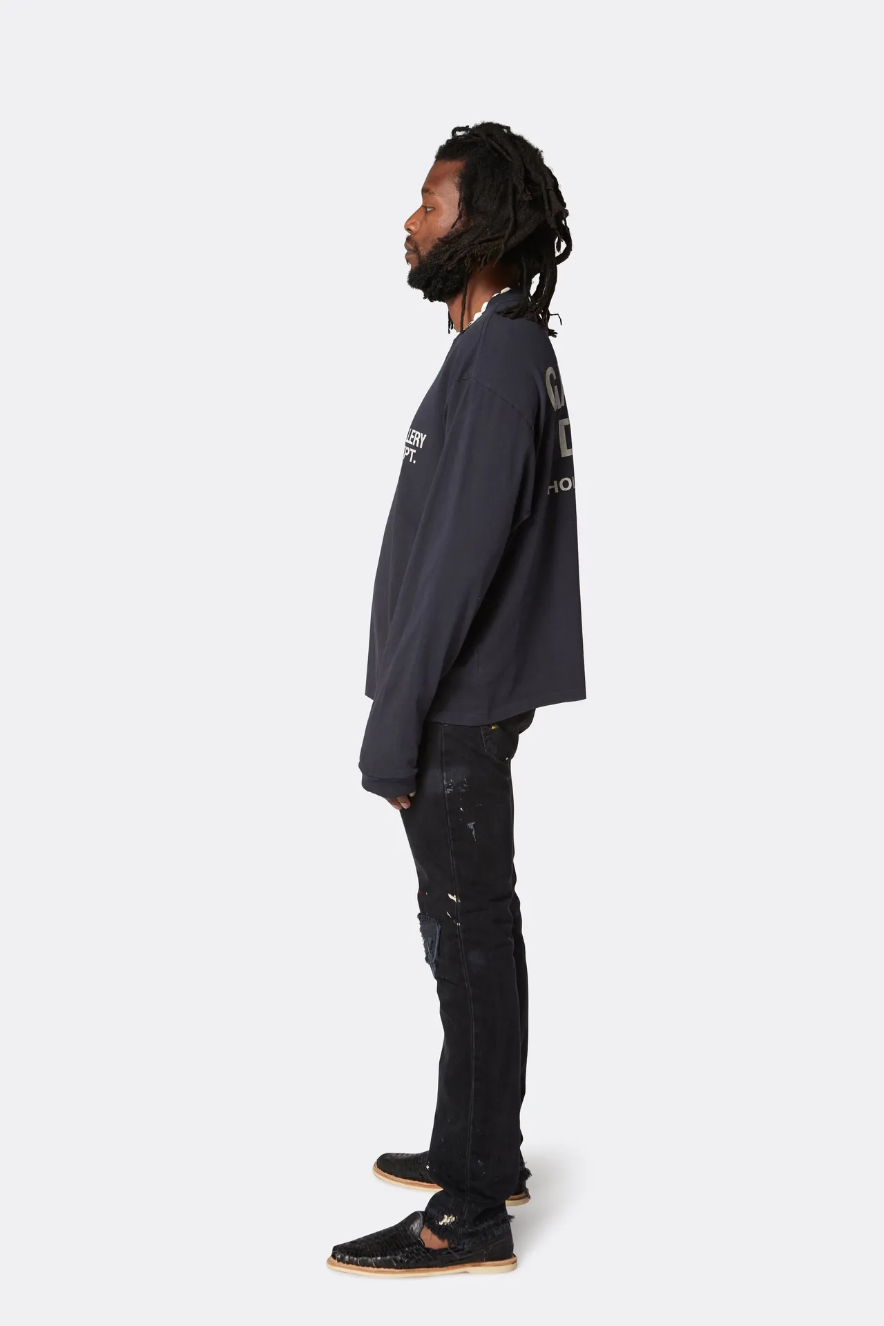 GALLERY DEPT. SOUVENIR L/S TEE Black Basic English Logo Long Sleeves Washed Black S-XL Heavy Washed Vintage Cylindrical Seamless Linen Cotton Fabric